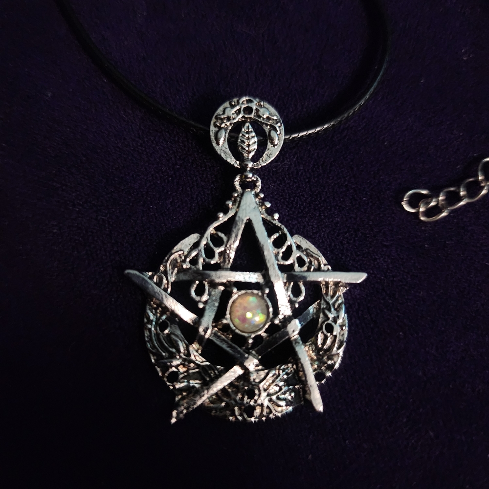 Silver Pentacle Pendant Necklace with Black Cord - Picture 3 of 7